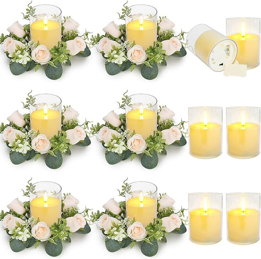 12 PCS Candle Rings with LED Flameless Candles, 3 Inch Artificial Rose Wreaths Eucalyptus Leaves for Table Centerpieces Home Wedding Party Decor, Champagne, 6 Sets