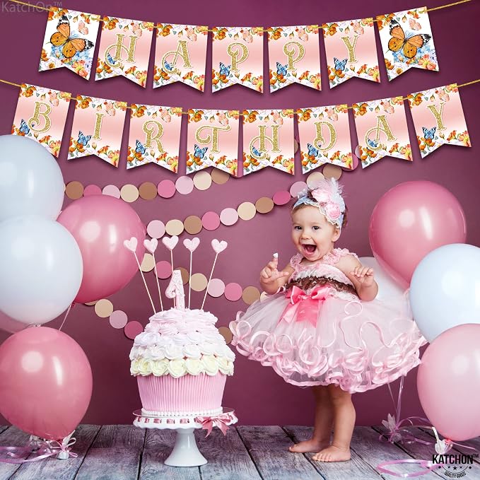 KatchOn, Glitter Butterfly Happy Birthday Banner - 2 String, Pre-Strung | Banner for Butterfly Birthday Decorations | birthday decorations for women