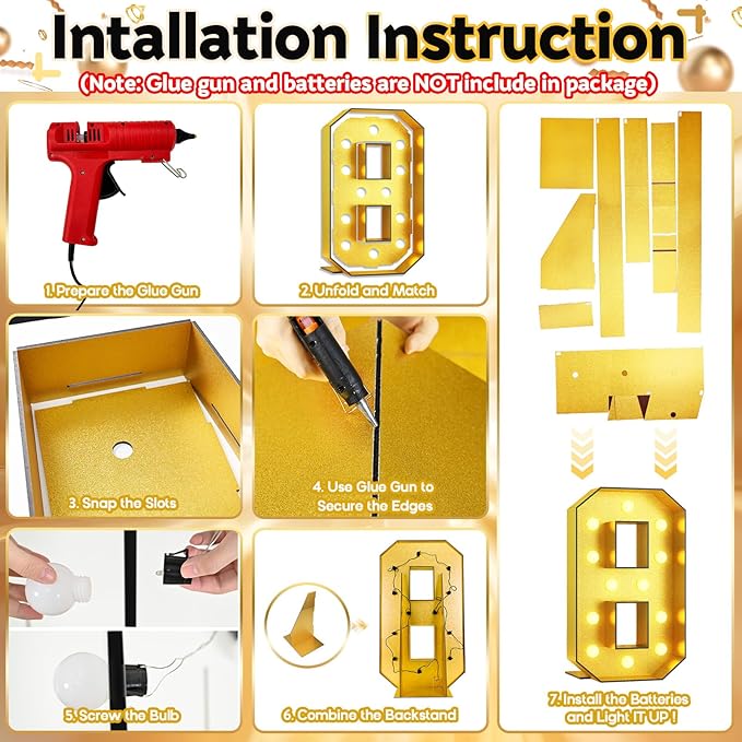 Light Up Number 8, Marquee Light Up Numbers Gold 4FT, Large Led Numbers Lights for 8th Birthday, 4 Feet Tall DIY Frame Pre-Cut Foam Board Kit for Night Light Party Anniversary Decorations