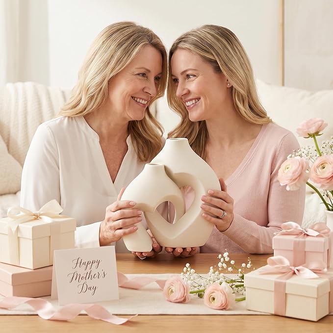 White Ceramic Flower Vases Table Decor Heart Shaped Vase Set of 2 | Nordic Heart Shaped Vases Minimalist Decorative Vase for Table Centerpiece Wedding Dining Living Room Office House Decoration