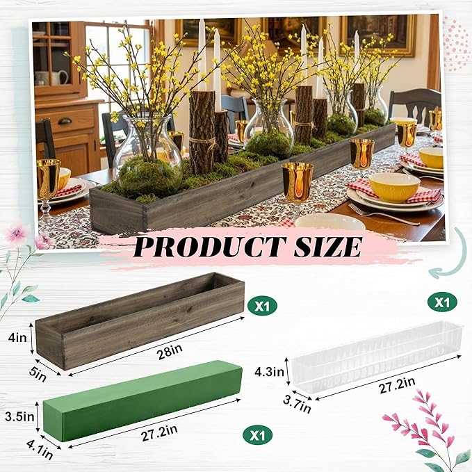Dandat 1 Set Wood Boxes for Centerpieces 28x5 Inch Rectangle Wooden Planter Box Rustic Wooden Planters with Removable Plastic Liner Floral Foam Blocks for Christmas Wedding Home Garden Decor(Brown)