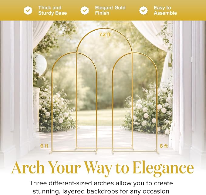 Metal Arch Backdrop Stand and Cover Set – 3 Gold Frames (7.2ft, 6ft x2) with White Wrinkle-Free Spandex Covers, Water Weights, Bags & Case – Wedding, Birthday, Baby Shower, Party Decor