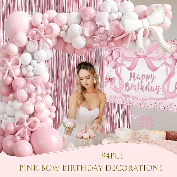 Pink Bow Birthday Decorations, Bow Coquette Birthday Party Supplies, Includes Backdrop, Hanging Garland, Foil Fringe Curtain, Cake Toppers, Balloon Garland, Tablecloth, Cupcake Toppers, Foil Balloon