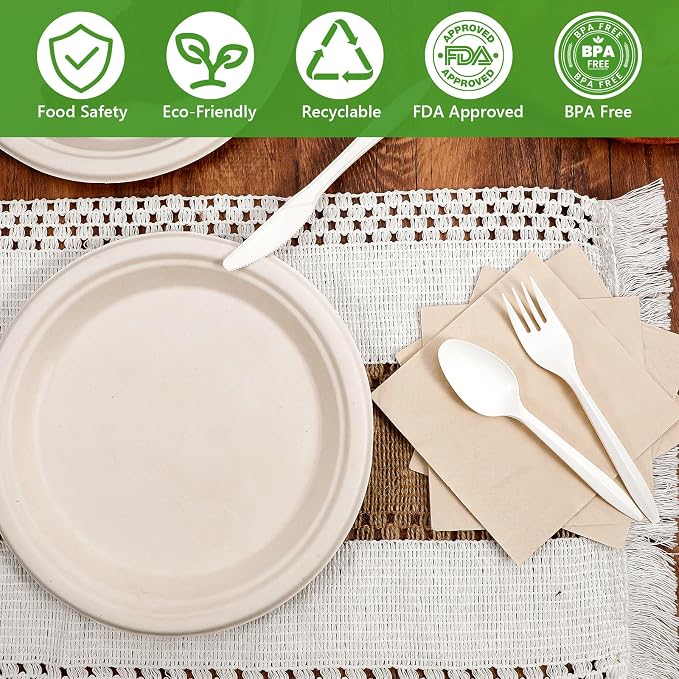 500Pcs Compostable Paper Plates Set Party Supplies Severs 100 Guests Disposable Party Plates Heavy-duty Utensil Disposable Party Plate Fork Knives Spoon Napkin Dinnerware for Birthday Wedding Camping