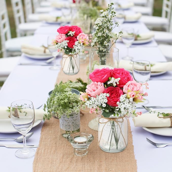Zeyune 6 Sets Mason Jar Centerpiece Table Decorations, Artificial Peony Baby's Breath Flower Bouquets, Faux Flowers with Vase, Rustic Decor Gifts for Home, Wedding, Holiday (Pink Mix)