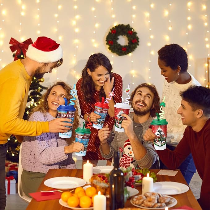 Maxcheck 24 Sets 16 oz Christmas Party Favors Goodie Cups with Colorful Lids and Straws for Birthday Decorations Reusable Plastic Candy Cups Bulk Plastic Straws for Birthday Party Celebration Gifts