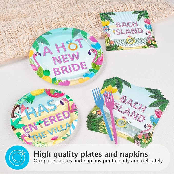 96Pcs Bach Island Bachelorette Party Supplies A Hot New Bride Plates and Napkins Tropical Island Theme Tableware Set for Love Theme Bridal Shower Bachelorette Party Decorations Serves 24