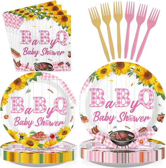 96Pcs Baby Q Baby Shower Party Decorations Pink BBQ Plates and Napkins Pink Gingham Tableware Set for Girls BabyQ Picnic Themed Birthday Gender Reveal Party Supplies, Serves 24