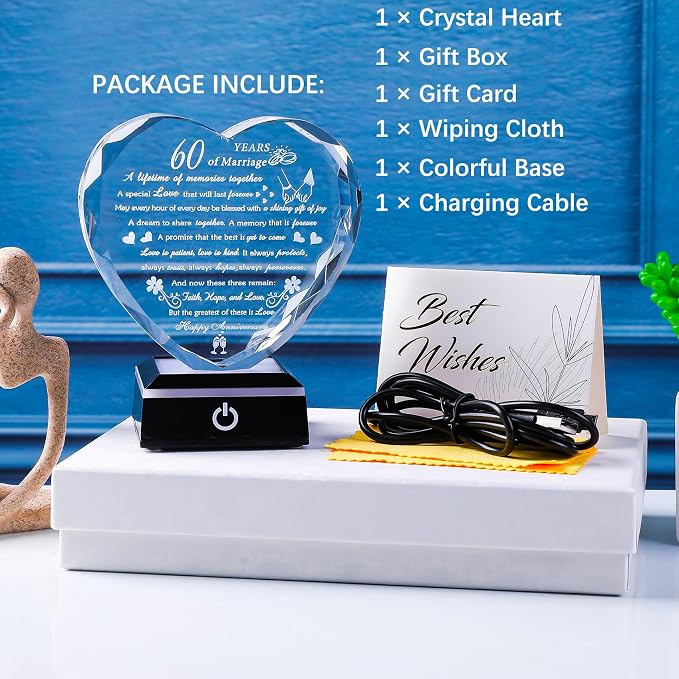 60th Wedding Anniversary Crystal Gifts for Parents Couples with LED Base Heart Happy 60th Anniversary Keepsake Gift for Husband Wife 60 Years of Marriage Gifts for Her Him