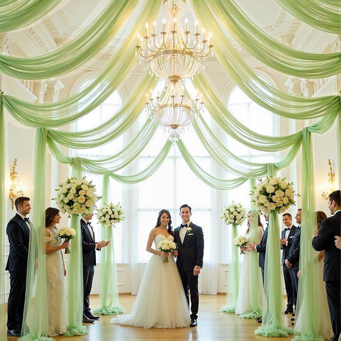 8 Panels Sage Green Wedding Arch Draping Fabric 30" x 19ft Wedding Drapes Tulle Drapes for Backdrop Sheer Fabric Backdrop Drapes Decorations Backdrop Curtains for Reception Ceremony Party