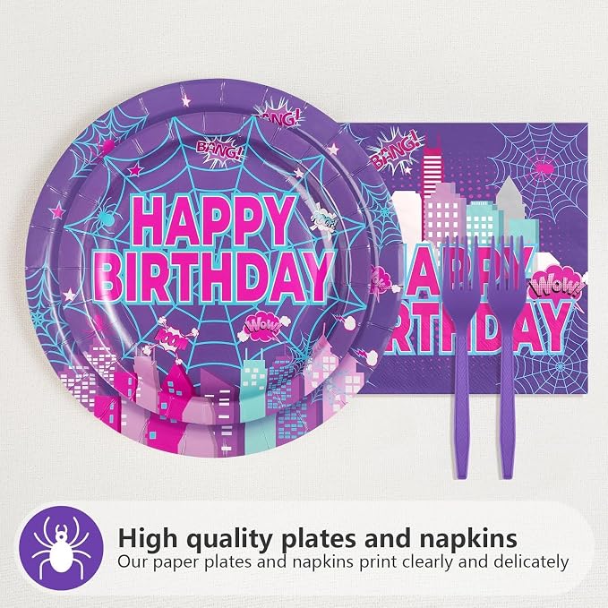 Purple Spider 3rd Birthday Party Decorations Purple Spider Themed Plates and Napkins Cartoon 3rd Decorations for 3 Years Old Boys Girls Kids Birthday Party Supplies