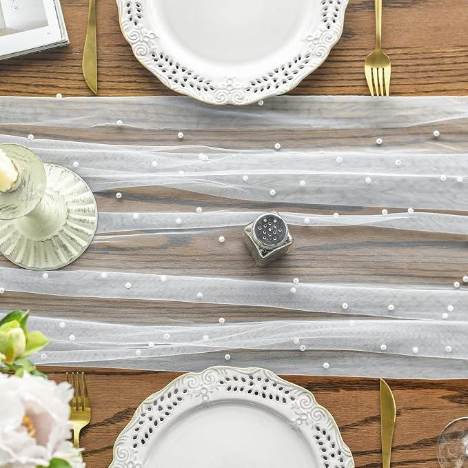Artoid Mode Pearl Gauze Table Runner 59x120 Inch , Seasonal Sheer Kitchen Dining Holiday Wedding Birthday Baby Shower Table Decor for Home Party