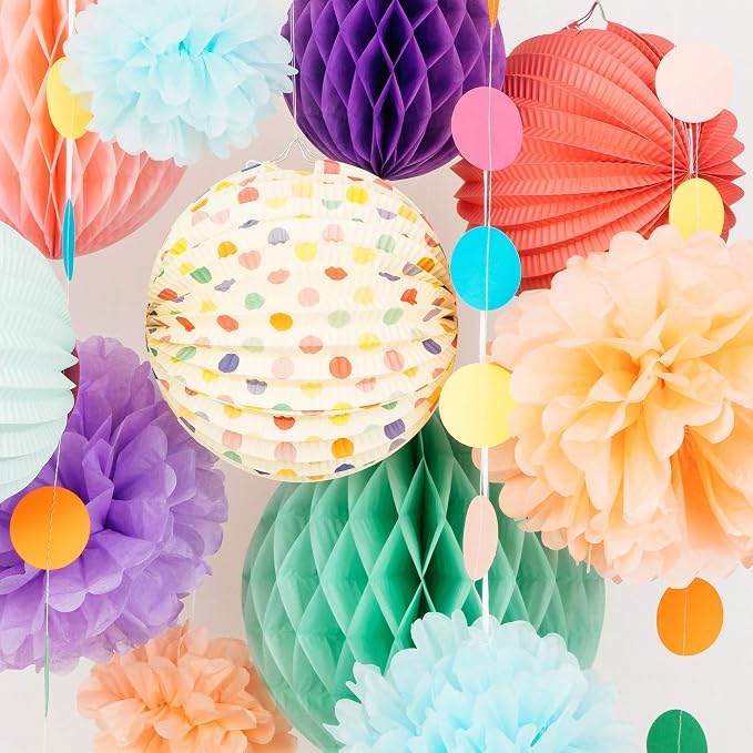 PapaKit Premium Paper Decoration Set - Pom Pom, Honeycomb and Accordion Lantern (Festive Colors) Birthday Party Baby Shower Bride to Be Engagement Wedding Events