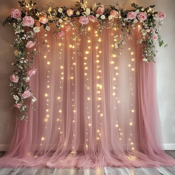 Fomcet Dusty Rose Tulle Backdrop Curtains with Lights String 10FT X 8FT Sheer Curtain with Lights Tulle Curtains Backdrop for Wedding Birthday Party Photo Shoot (2 Panels 5x8FT)