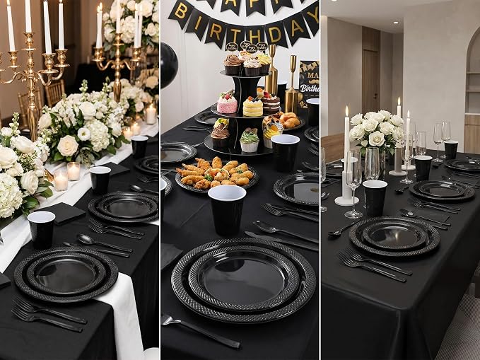 352 Pcs Black Plastic Plates Party Set, 50 Guests Disposable Dinnerware Set with Black Tablecloths, Elegant Black Plastic Plates Party Set for Wedding/Corporate Event/Formal Dinner/Gala