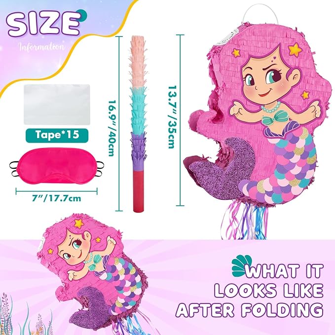 WERNNSAI Foldable Mermaid Piñata - Pull String Mermaid Birthday Party Supplies with Blindfold Bat and Tassels Party Decoration Folding Girl Piñatas for Game