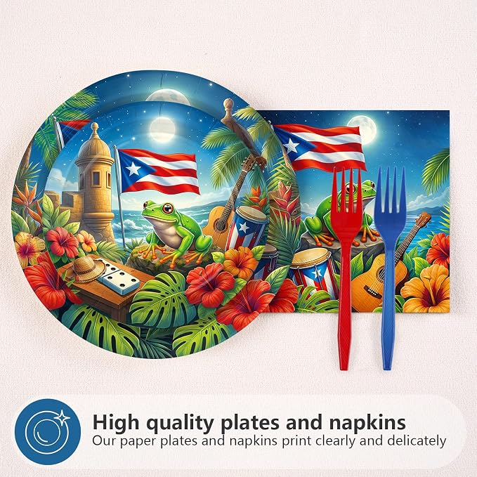 96Pcs Puerto Rico Party Decoration Flag Frog Plates and Napkins Coqui Frog Tableware Set for Puerto Rico Holiday Family Gathering Birthday Fiesta Theme Party Supplies, Serves 24