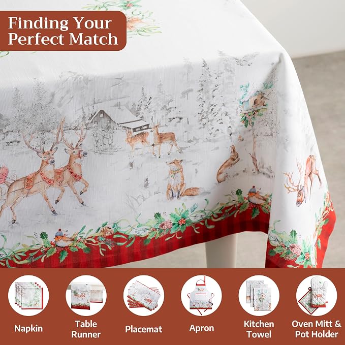 Maison d' Hermine Table Cloth Rectangle Table 100% Cotton 60 x 108 Inches Fall Tablecloth Reusable Everyday Use for Thanksgiving Christmas Decorations Dining Farmhouse Party (Christmas Tradition)