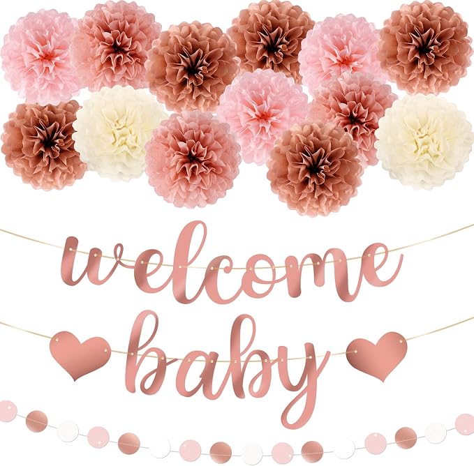 Kriyokiaa 15 Pcs Baby Shower Decorations for Girl Dark Rosegold Baby Shower Decorations with Welcome Baby Banners Paper Flower Pom Poms Perfect for Indoor & Outdoor Celebrations