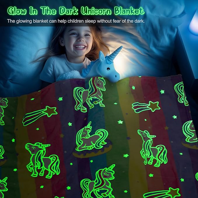 Unicorn Gifts Toys for Girls Kids - Glow in The Dark Rainbow Blanket Best Christmas Birthday Valentines Easter Decor Present for Age 1-14 Years Old Teens Child Toddler Daughter Soft Cozy Throw 50"x60"