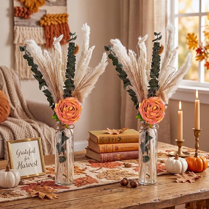 Qinyoung 10 Set Dried Pampas Grass Centerpiece for Wedding Baby Shower Party 10 Glass Flower Jars 10 Artificial Roses 80 Dried Pampas Grass with Rope for Rustic Bridal Farmhouse Decoration (Orange)