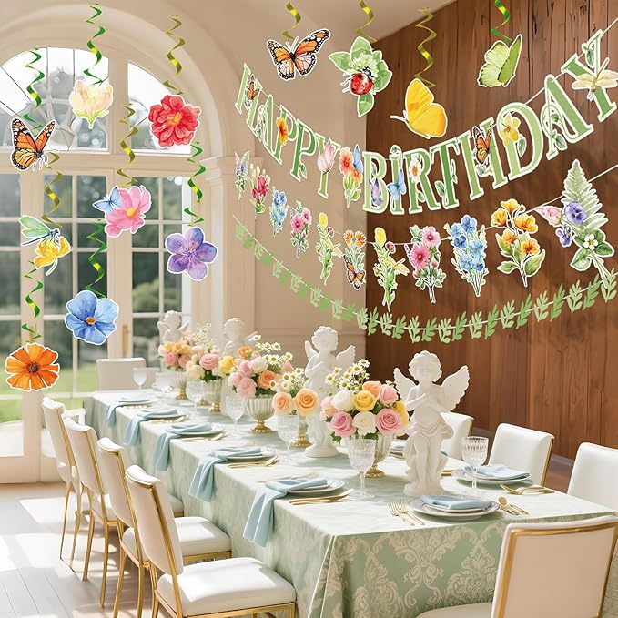 Flower Birthday Decorations, Garden Wildflower Party Decorations with Pre-strung Banners, Flower Themed Hanging Swirls, Birthday Decorations for Women Girl