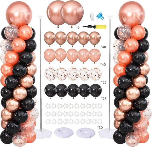 Rose Gold and Black Balloon Column Stand Kit Set of 2 for Floor, Rose Gold and Black Confetti Balloon Arch Kit Balloon Towers for Girl Women Birthday Wedding Bridal Party Decorations