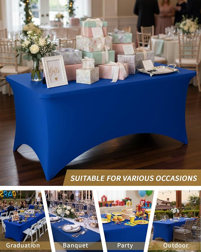 Fixwal Royal Blue Stretch Table Cloth Rectangle 2 Pack 6Ft, Spandex Fitted Table Covers Washable for Party, Trade Show, Banquet, Wedding, Buffet
