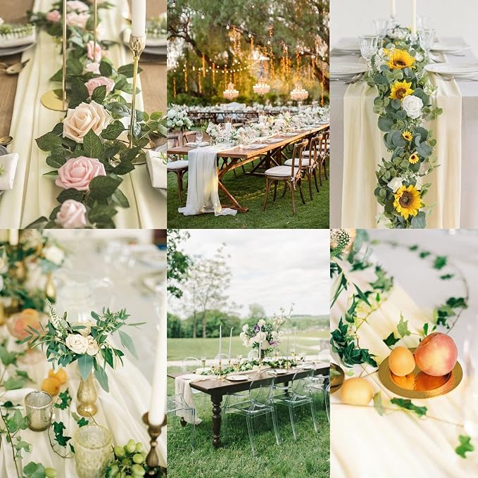 12 Packs 10Ft Chiffon Table Runner 27x120 Inches Sheer Romantic Wedding Table Runners Beige Table Runner for Wedding Birthday Party Bridal Baby Shower Table Decoration