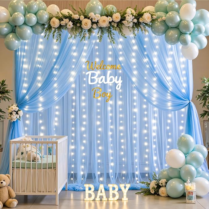 Baby Blue Sheer Tulle Backdrop Curtains with Lights String for Parties Baby Shower Decorations for Boy Bridal Shower Birthday Party Photo Shoot Background Wall Decorations 10×8ft(2 Panels 5×8ft)