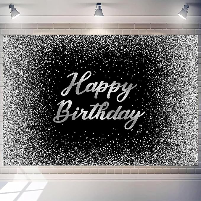 Birthday Photography Backdrop 8 x 6 ft Black and Silver Glitter Spots Happy Birthday Background Sign Cake Table Decorations Banner for Women Men Adults Kids Birthday Party Supplies