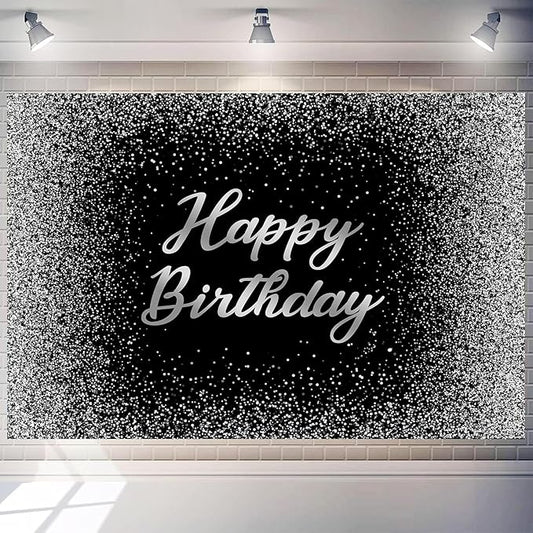 Birthday Photography Backdrop 8 x 6 ft Black and Silver Glitter Spots Happy Birthday Background Sign Cake Table Decorations Banner for Women Men Adults Kids Birthday Party Supplies