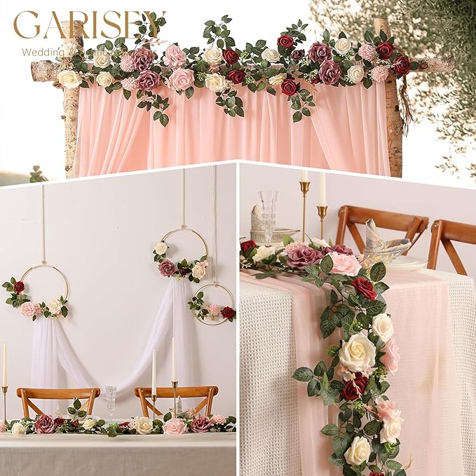 2Pcs Garisey 5FT Dusty Rose Artificial Flower Garland Blush Rose Floral Garland Arch Rose Vine for Wedding Ceremony Party Backdrop Decor Arch Flowers Mantel Table Centerpieces Decorations, Burgundy