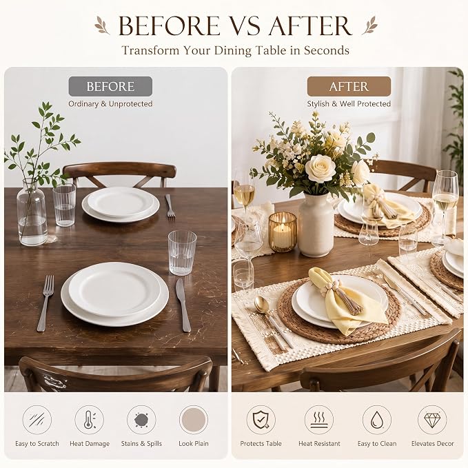 Zhehao 6 Set/18 Pcs Table Decor Set, Farmhouse Table Setting Kit with Woven Round Placemats, Burlap Placemats and Wooden Bead Napkin Rings, Rustic Wedding, Bridal Shower, Party Decorations