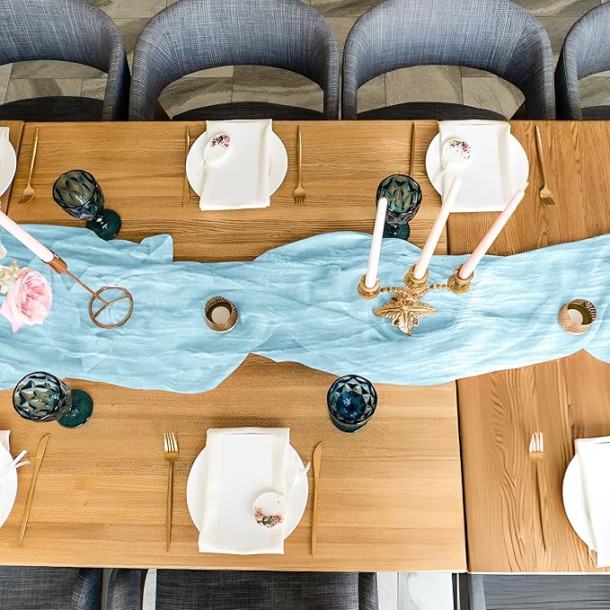 Cheesecloth Table Runner 8 Pack – 35x120 Inch (10ft) Boho Rustic Gauze Cloth Runners – Crinkle Polyester Table Decor for Wedding, Baby Shower, Bridal Shower, Birthday Party and More (Sky Blue)