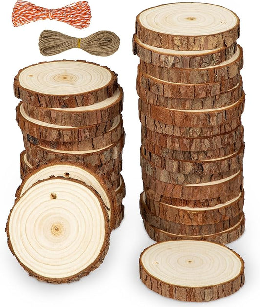 Unfinished Natural Wood Slices for Crafts - 30 Pcs Wood Slice Ornaments with Predrilled Hole & Twine String 2.7-3.1 Inch Round Wooden Circle Tree Slice for DIY Arts Craft Painting Gift Wedding Decor
