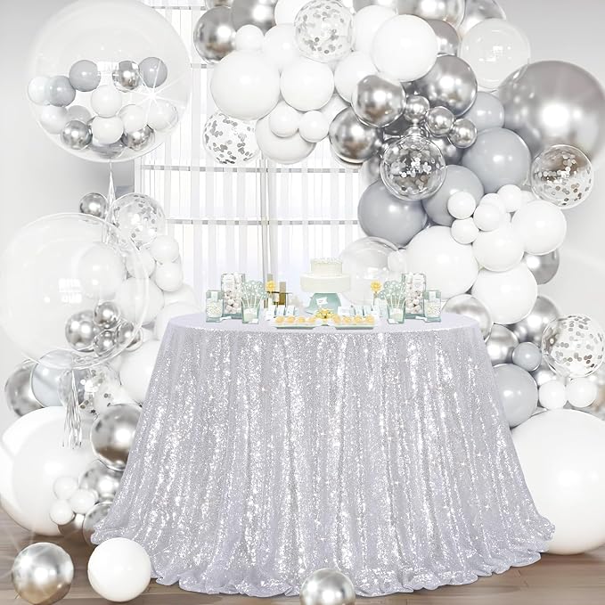 B-COOL Round Tablecloth Silver Decorations: 90 Inch Tablecloth Sequin Overlay Glitter Fabric for Birthday Dinner Parties
