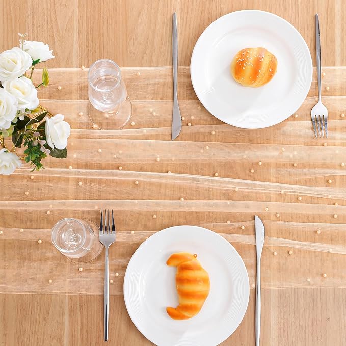 BINBE 6pcs Pearl Table Runner Spring Summer Rustic Boho 10ft Tulle Table Runner for Wedding Veil Holiday Dessert Table Decor Champagne