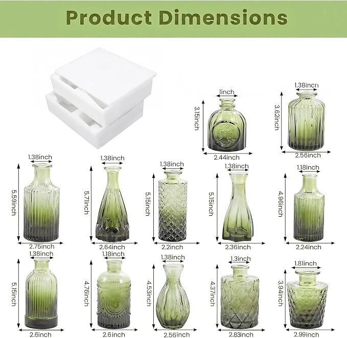 Mini Bud Vases Centerpieces for Tables,Clear Bud Vases for Flowers,Small Flower Vases Suitable for Birthday Party,Anniversary,Wedding Reception,Baby Shower (GradGreen, 12PCS)