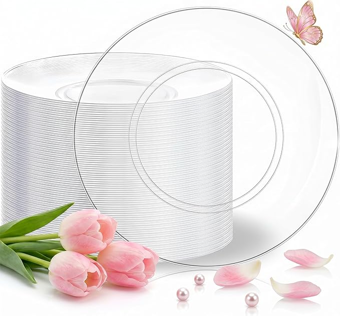 Hioasis 100pcs Clear Plastic Plates for Party - 7.5" Dinner Plates Disposable, Heavy -duty, Classy and Elegant for Wedding