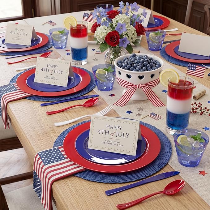 KIRE 150PCS 4th of July Plates & Red White Blue Disposable Plastic Silverware &Clear Blue Cups-American Flag Patriotic Party Supplies for Celebration Activities,Independence Day, Memorial Day