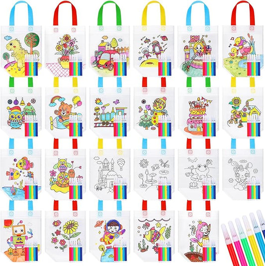 Chunful 60 Pieces Coloring Goodie Gift Bags for Kids Birthday Party Reusable Coloring Tote Bags Cute Cartoon Colorful Party Favor Non Woven with Colorful Pens DIY Crafts (Lovely with Maker)