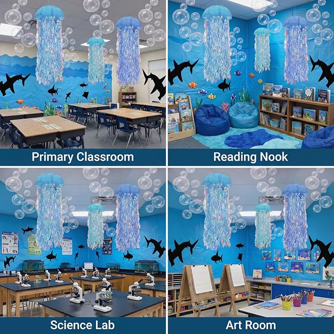 VioraWhite 10 Pcs Ocean Theme Party Classroom Decorations 6 Black Fish Fabric Backdrops 1 Blue Wave Rug 3 Jellyfish Hanging Top Decor Sea Birthday Party Decorations for Summer Beach Classroom