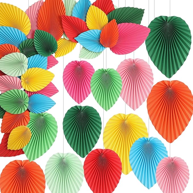 MotiMind 40 Pcs Mexican Paper Fans Party Decorations Hawaiian Paper Palm Leaves Fiesta Vibrant Colorful Fans Backdrop Decor for Carnival Party Supplies Birthday Wall Photo Props