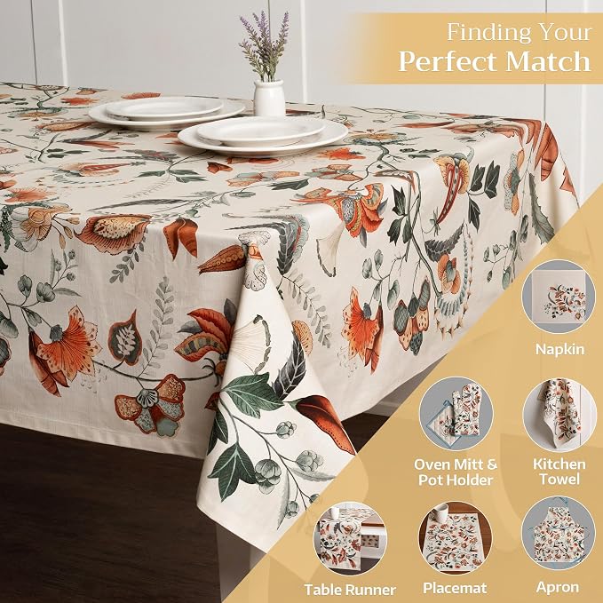 Maison d' Hermine Table Cloth Rectangle Table 100% Cotton 54 x 72 Inches Fall Tablecloth Reusable Everyday Use for Thanksgiving Christmas Decorations Dining Farmhouse Party (Dalida)
