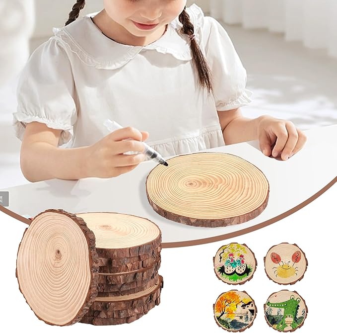 Set of 10 Wood Slices for Centerpieces 6-7 inch, Natural Unfinished Wood Craft Kits, Tree Slices with Bark for DIY Crafts Wedding Christmas Party Decoration, Wood Centerpieces for Tables