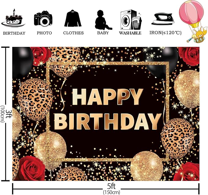 Leopard Print Happy Birthday Backdrop 5Wx3H Feet Polyester Fabric Black Gold Red Cheetah Print Banner for Woman Girls Decoration Balloon Rose Cool Photography Background Photo Shoot Props
