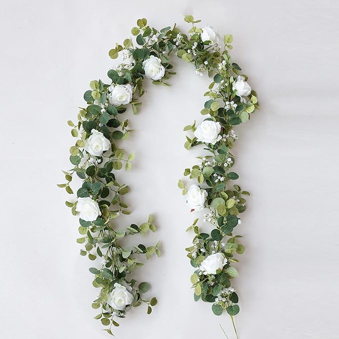 Anna's Whimsy 2PCS 5.91FT Artificial Eucalyptus Garland with Flowers, Fake Rose Gypsophila Garland, Faux Floral Greenery Garlands for Wedding Spring Home Party Table Runner Decor（White）
