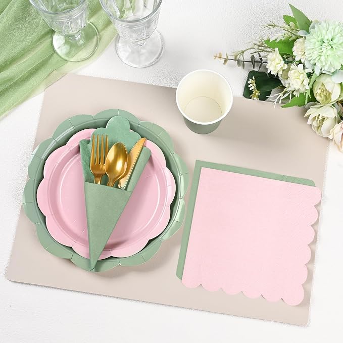 350 Pcs Sage and Pink Paper Plates and Napkins Party Supplies - Pink and Green Birthday Decoration Include Dusty Pink Sage Green Scalloped Plate Napkin Cup & Cutlery for Baby Shower, Wedding, Birthday