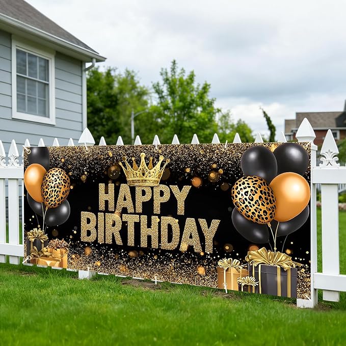 Happy Birthday Garage Door Banner Cover 7x16FT Waterproof –Black Gold Leopard Print Crown Backdrop with Balloons & Gifts Luxury Party Decor for Indoor Outdoor,Birthday Photo Booth Background for Women Men